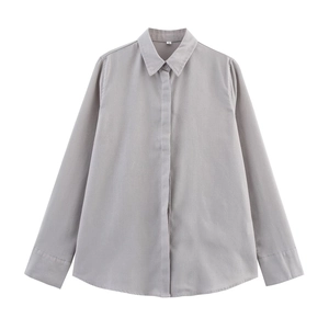 Minimalist light grey linen shirt for women featuring a long sleeve and lapel collar design