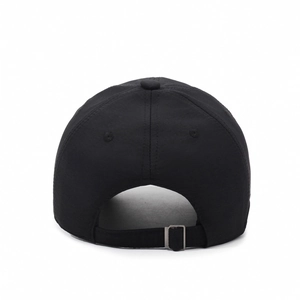 Classic black baseball cap back view featuring adjustable metal buckle and six-panel design