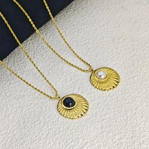 Golden punk necklaces set featuring shell pendants with white pearl and black gemstone