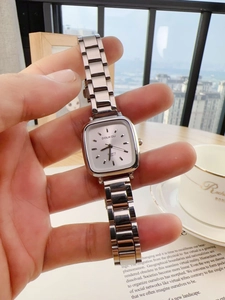 Silver square women's quartz watch with metal mesh strap and minimalist white dial
