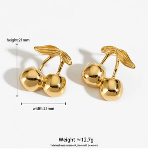 Detailed view of gold cherry earrings with dimensions 21mm by 25mm on a white background