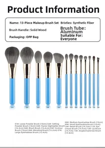 Detail view of 13-piece sky blue makeup brush set with wooden handles and golden tubes