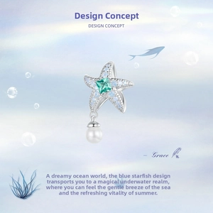 Detailed close-up of S925 silver starfish charm with green gem and white pearl