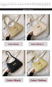 Collage of chic baguette bags in khaki white black and yellow with gold buckle