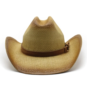 Cappello da cowboy in paglia marrone chiaro con fascia decorativa e fibbia in metallo