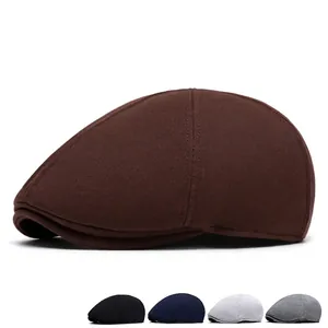 Men's retro cotton flat cap set in brown, black, blue, and grey colors with a soft texture