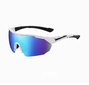 Detail of polarized cycling sunglasses with white splatter frame and blue-purple lenses