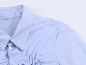 Detail of light blue poplin shirt collar and pleated texture with white button