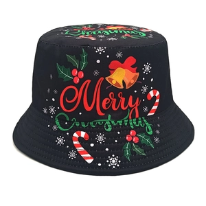 Merry Christmas Bucket Hat Polyester Sun Protection Foldable Vintage Holiday Sun Hat With Bells Candy Cane Snowflakes Print