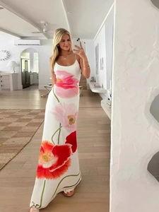 Women's summer U-neck backless floral A-line maxi dress with red poppy flower prints