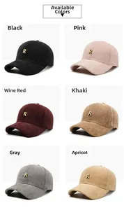 Close-up of herringbone texture baseball caps with gold metal R-logo in six colors