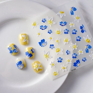 5D embossed nail stickers featuring 3D blue and white floral patterns style TS-099