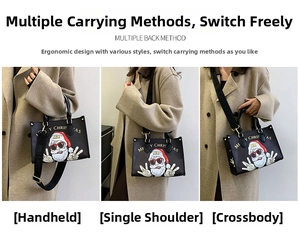 Black Christmas tote bag showing three ways to wear: handbag, shoulder and crossbody