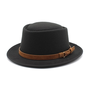 Classic black wool pork pie hat with brown leather band and gold buckle detail