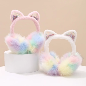 Rainbow plush earmuffs with sequined cat ears for girls, soft foldable winter warmers
