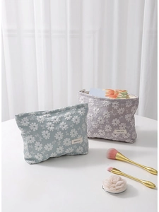 Trousse De Maquillage En Toile Avec Broderie Marguerite Grande Capacité Organisateur De Voyage Pour Femmes Fermeture Éclair