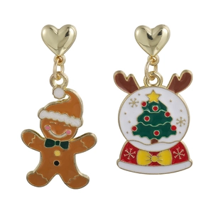 Detail of Christmas earrings featuring a gingerbread man and a snow globe with a tree