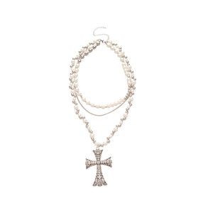 Elegant multi-layer necklace with white faux pearls and silver filigree cross pendant