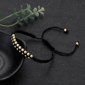 Adjustable black woven double-layer bracelet with polished gold copper beads for couples