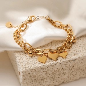 Double-layered 18K gold plated heart pendant bracelet with round bead and oval link chains