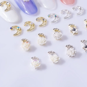 Japanese style star and moon nail charms with camellia flowers and pearls for manicure decoration