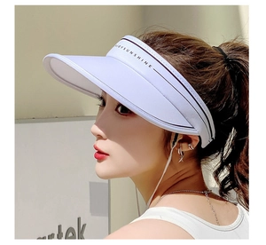 Detail of wide brim sun hat with ENJOYSUNSHINE lettering and breathable fabric
