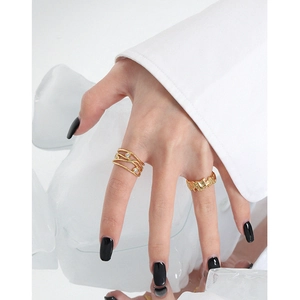 S925 silver open rings with lava texture and zircon lines in a matte golden finish