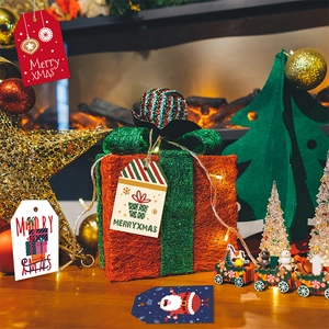 Christmas gift tags with Santa motifs and Merry Xmas text on festive background