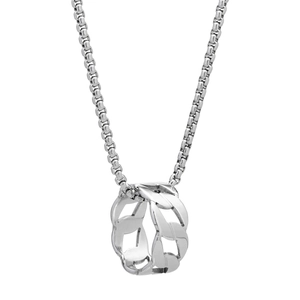 Macro shot of a silver titanium steel chain ring pendant on a polished box chain necklace
