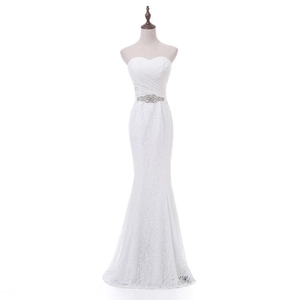 Robe De Mariée Sirène Dentelle Décolleté Coeur Sans Bretelles Ceinture Strass Robe Nuptiale Élégante Dos Lacé Femmes