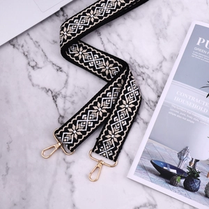 Close-up of ethnic geometric patterned bag strap with premium gold metal lobster clasps