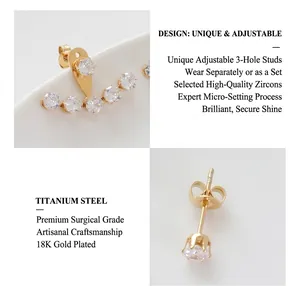 Detail of 18k gold plated adjustable zircon stud earrings with three-hole design