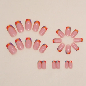 French colorful wave press-on nails with 24 pieces in pink translucent square design