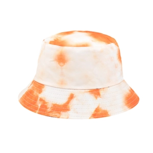 Detailed close-up of orange and white tie-dye cotton bucket hat with reinforced stitching