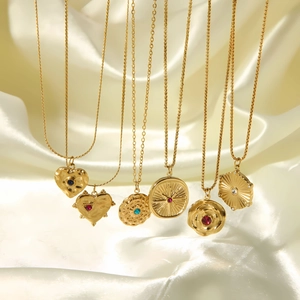 Set of 6 gold 18k stainless steel necklaces with colorful gemstone geometric pendants