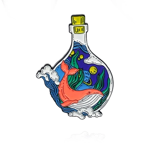 Creative whale in a bottle enamel brooch with sea waves and moon in alloy finish