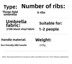 Specifications of ultra-light 3-fold umbrella with 210T black glue coating and 6 ribs