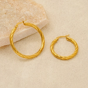 French style gold spiral twisted hoop earrings in polished stainless steel for women