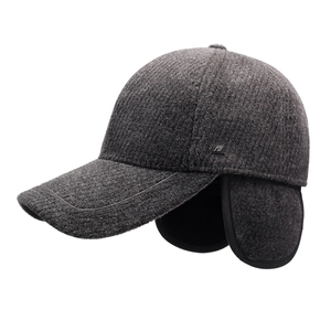 Men's winter baseball cap in dark grey wool blend with ear flaps and warm lining