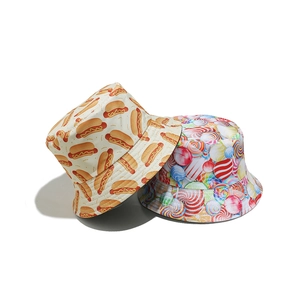 Summer bucket hat with fun hotdog and colorful candy patterns for sun protection