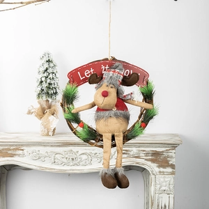 Christmas Wreath Reindeer Plush Rattan Ring Artificial Pine Needles Let It Snow Door Wall Hanging Decoration LED Light