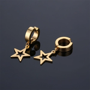 Polished gold titanium steel star drop earrings for men with a mirrored reflection
