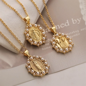 Vintage Religious Pendant Necklace Copper Gold Plated Virgin Mary Angel Wing Artificial Pearl Zirconia Jewelry For Women Men Retro