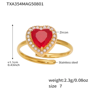 Detail view of 18K gold plated stainless steel ring with red heart zircon, 1.1cm size