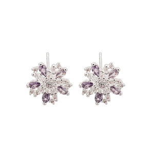 Elegant floral zircon stud earrings with purple and white stones on silver base