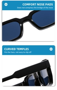 Detail of comfortable nose pads and curved temples on retro square sunglasses