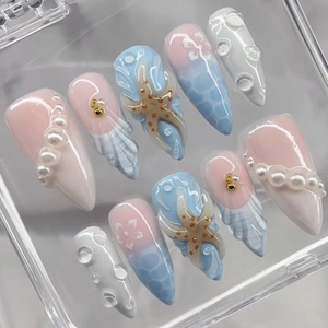 Ocean Theme Press On Nails Almond Shape Starfish Artificial Pearl Pink Blue Gradient French Glossy Artificial Finger Nails