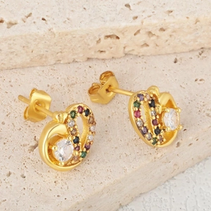 Starfish-shaped gold stud earrings with colorful zircon stones and main white crystal