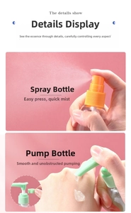 Detail view of transparent travel bottles featuring fine mist spray and smooth lotion pump