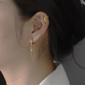 Gold layered ear cuff and tassel chain earring set with square zircon accents on model